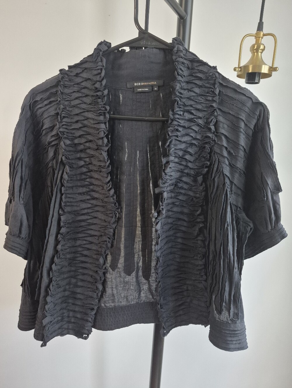 BCBGMAXAZRIA Black Textured Jacket Ruffled Cardigan - Size M